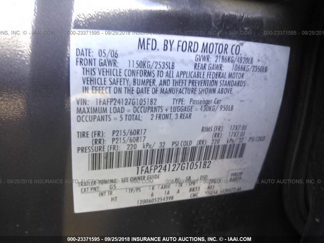 1FAFP24127G105182 - 2007 FORD FIVE HUNDRED SEL GRAY photo 9