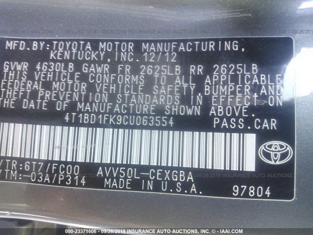 4T1BD1FK9CU063554 - 2012 TOYOTA CAMRY HYBRID/LE/XLE 黑色 照片 9