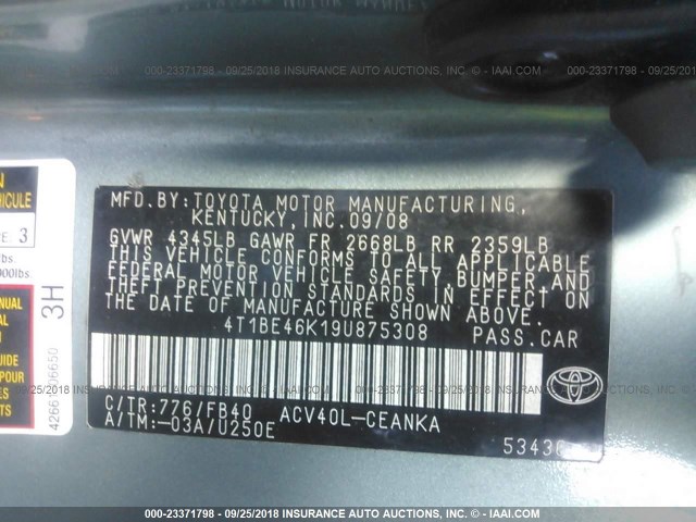 4T1BE46K19U875308 - 2009 TOYOTA CAMRY SE/LE/XLE 青色 照片 9
