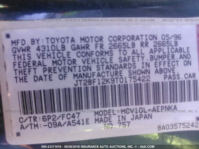 JT2BF12K9T0175422 - 1996 TOYOTA CAMRY LE/XLE/SE Жасыл фото 9