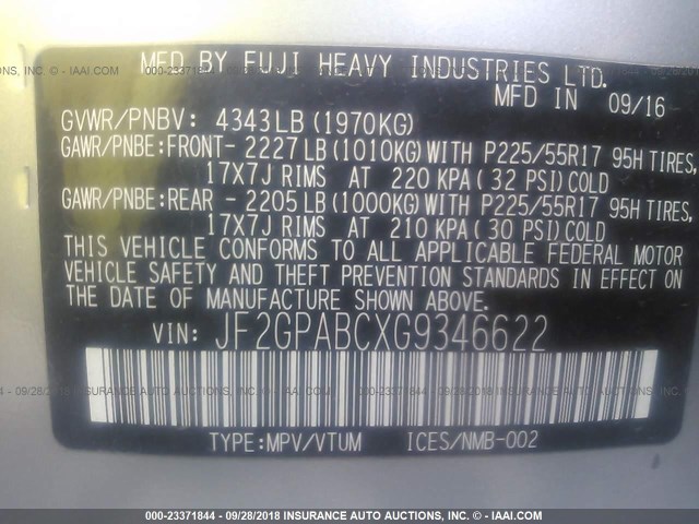 JF2GPABCXG9346622 - 2016 SUBARU CROSSTREK PREMIUM ვერცხლისფერი ფოტო 9