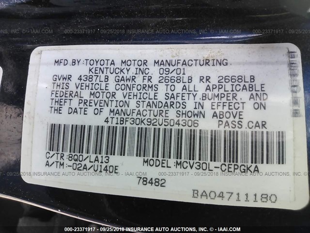 4T1BF30K92U504306 - 2002 TOYOTA CAMRY LE/XLE/SE Көк фото 9