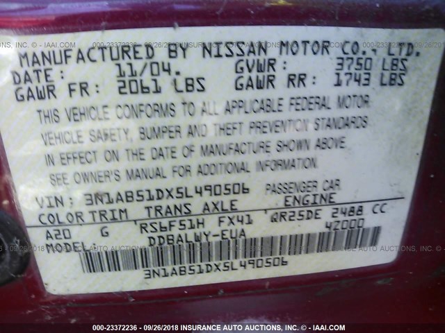 3N1AB51DX5L490506 - 2005 NISSAN SENTRA SE-R SPEC V RED photo 9