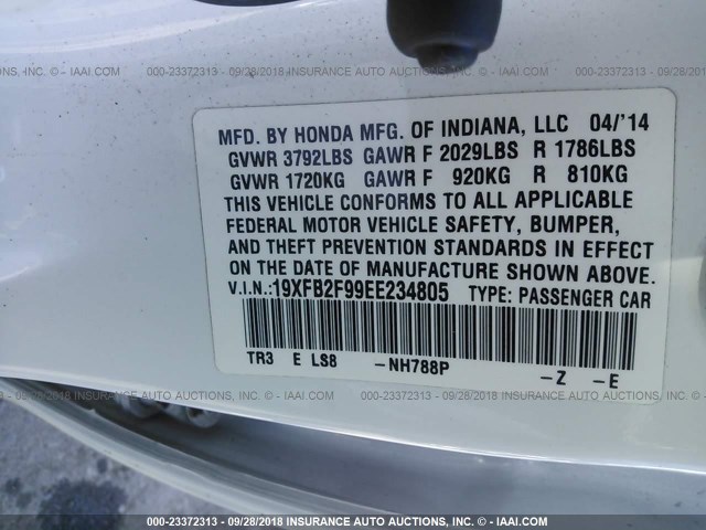 19XFB2F99EE234805 - 2014 HONDA CIVIC EXL WHITE photo 9