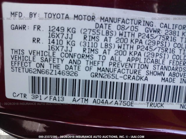 5TETU62N66Z146926 - 2006 TOYOTA TACOMA PRERUNNER ACCESS CAB RED photo 9