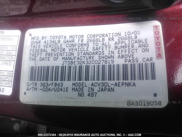 JTDBE32K320027819 - 2002 TOYOTA CAMRY LE/XLE/SE Qırmızı foto 9