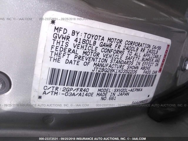 JT2BG28K1X0352206 - 1999 TOYOTA CAMRY LE/XLE GOLD photo 9