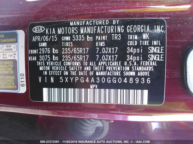 5XYPG4A30GG048936 - 2016 KIA SORENTO LX/L RED photo 9