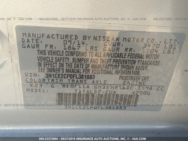 3N1CE2CP0FL381883 - 2015 NISSAN VERSA NOTE S/S PLUS/SV/SL/SR SILVER photo 9