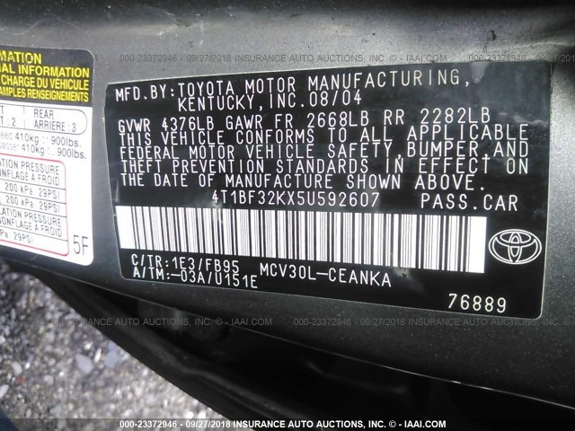 4T1BF32KX5U592607 - 2005 TOYOTA CAMRY LE/XLE/SE Сұр фото 9