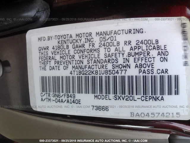 4T1BG22K81U850477 - 2001 TOYOTA CAMRY CE/LE/XLE 栗色 照片 9