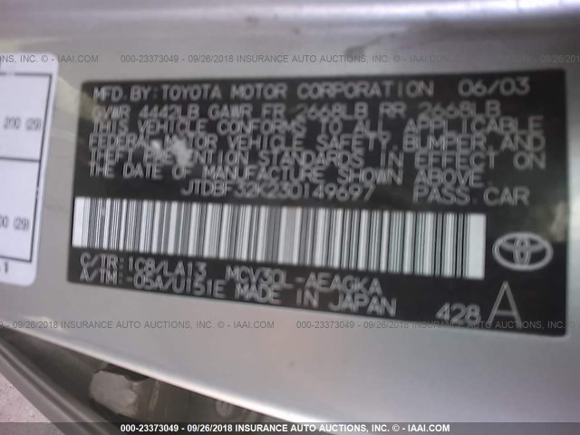 JTDBF32K230149697 - 2003 TOYOTA CAMRY LE/XLE 银色 照片 9