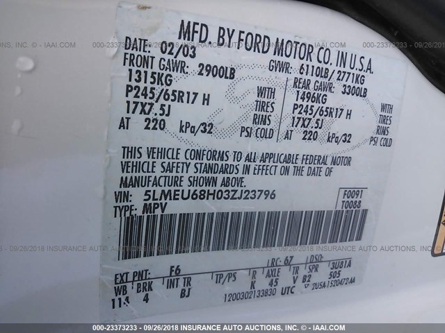 5LMEU68H03ZJ23796 - 2003 LINCOLN AVIATOR WHITE photo 9