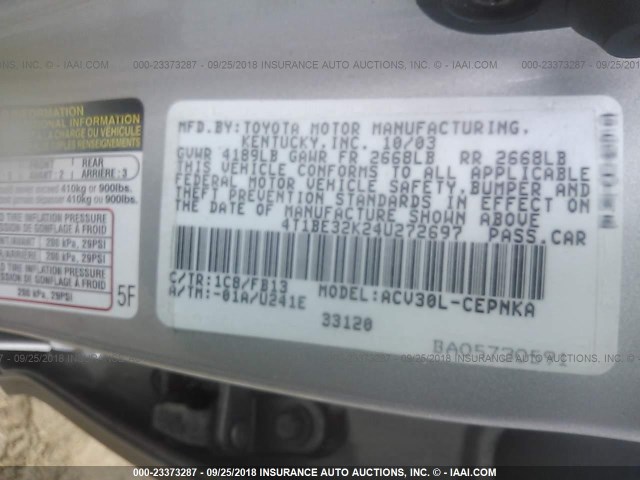 4T1BE32K24U272697 - 2004 TOYOTA CAMRY LE/XLE/SE Күміс фото 9