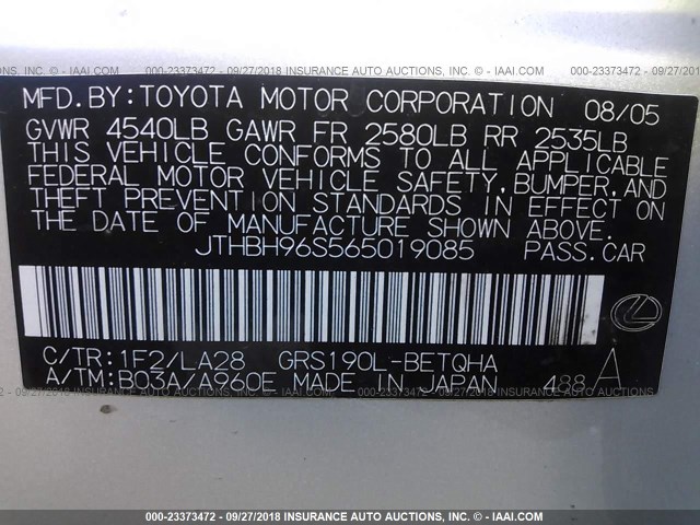 JTHBH96S565019085 - 2006 LEXUS GS GENERATION 200 300 SILVER photo 9