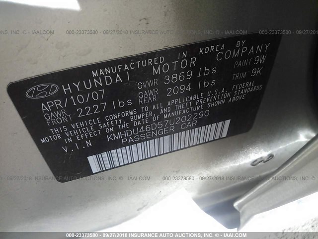 KMHDU46D57U202290 - 2007 HYUNDAI ELANTRA GLS/SE/LIMITED SILVER photo 9