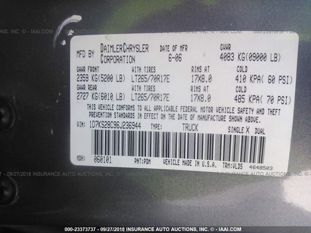 1D7KS28C96J236944 - 2006 DODGE RAM 2500 ST/SLT 银色 照片 9