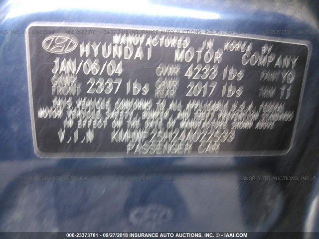 KMHWF25H24A022533 - 2004 HYUNDAI SONATA GL BLUE photo 9