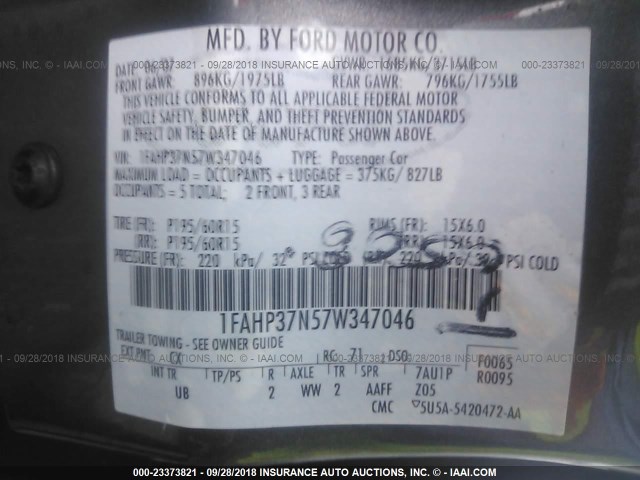 1FAHP37N57W347046 - 2007 FORD FOCUS ZX5/S/SE/SES 灰色 照片 9