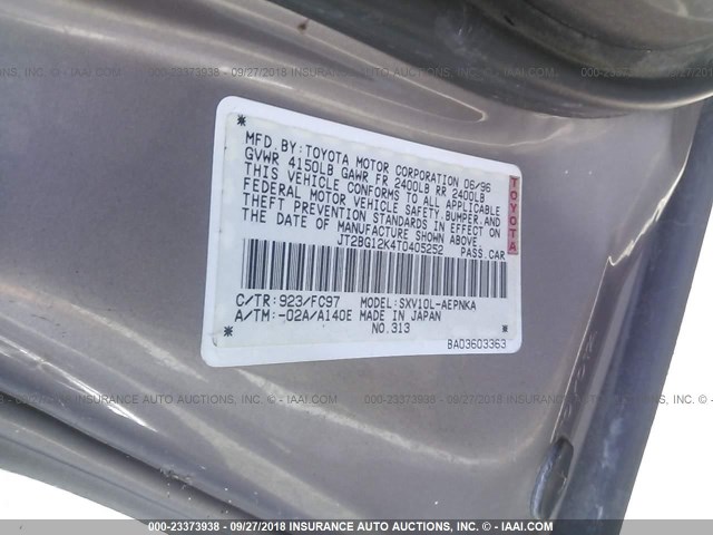 JT2BG12K4T0405252 - 1996 TOYOTA CAMRY DX/LE/XLE ნაცრისფერი ფოტო 9