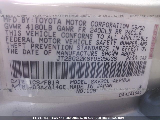 JT2BG22K8Y0529036 - 2000 TOYOTA CAMRY CE/LE/XLE 银色 照片 9