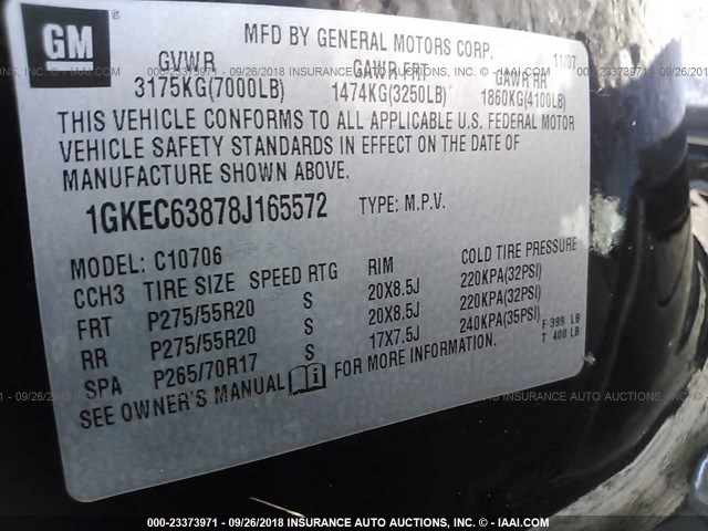 1GKEC63878J165572 - 2008 GMC YUKON DENALI BLACK photo 9