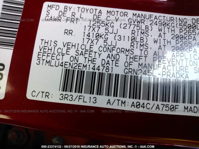 3TMLU4EN2EM144781 - 2014 TOYOTA TACOMA DOUBLE CAB 红色 照片 9