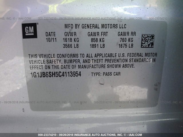 1G1JB6SH5C4113954 - 2012 CHEVROLET SONIC LS ვერცხლისფერი ფოტო 9