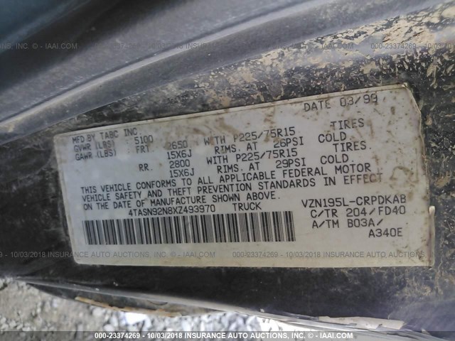 4TASN92N8XZ493970 - 1999 TOYOTA TACOMA XTRACAB PRERUNNER შავი ფოტო 9