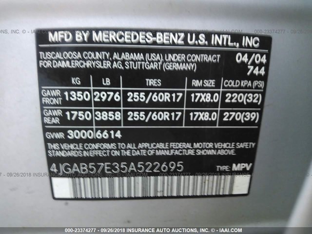 4JGAB57E35A522695 - 2005 MERCEDES-BENZ ML 350 SILVER photo 9