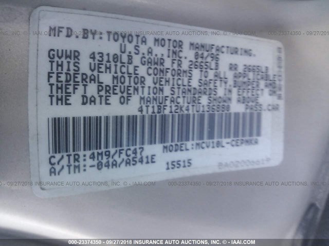 4T1BF12K4TU136880 - 1996 TOYOTA CAMRY LE/XLE/SE Алтын фото 9