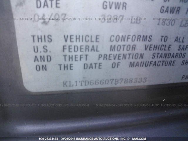 KL1TD66607B788333 - 2007 CHEVROLET AVEO LS GRAY photo 9