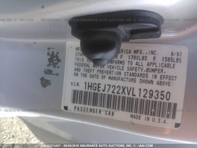 1HGEJ722XVL129350 - 1997 HONDA CIVIC HX SILVER photo 9