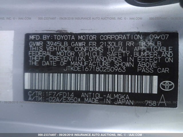 JTKDE167180250963 - 2008 TOYOTA SCION TC 黑色 照片 9