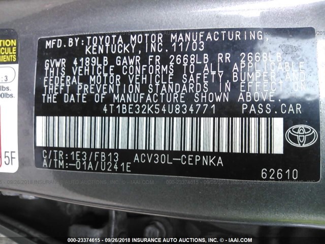 4T1BE32K54U834771 - 2004 TOYOTA CAMRY LE/XLE/SE Сұр фото 9