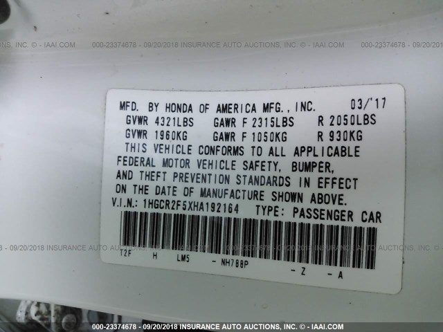 1HGCR2F5XHA192164 - 2017 HONDA ACCORD SPORT 白色 照片 9