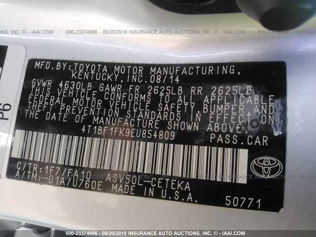 4T1BF1FK9EU854809 - 2014 TOYOTA CAMRY L/SE/LE/XLE 银色 照片 9