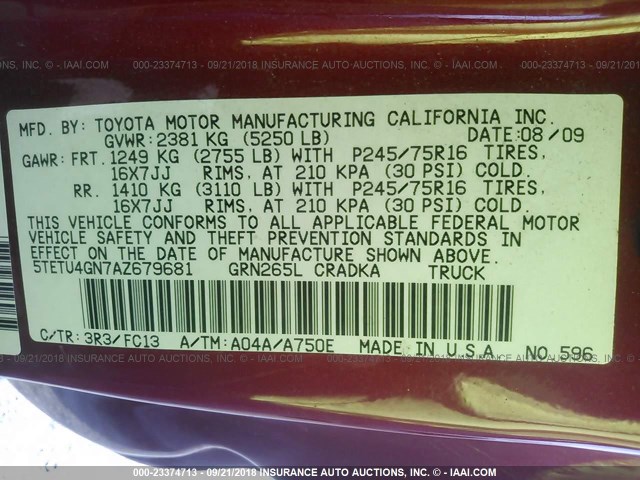 5TETU4GN7AZ679681 - 2010 TOYOTA TACOMA PRERUNNER ACCESS CAB RED photo 9