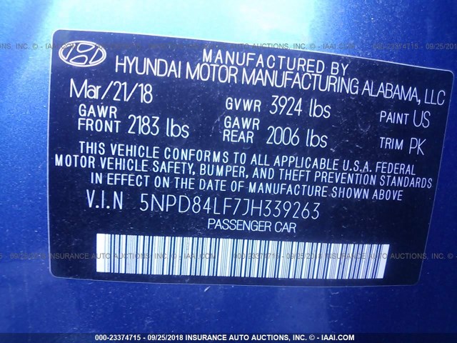 5NPD84LF7JH339263 - 2018 HYUNDAI ELANTRA SEL/VALUE/LIMITED BLUE photo 9