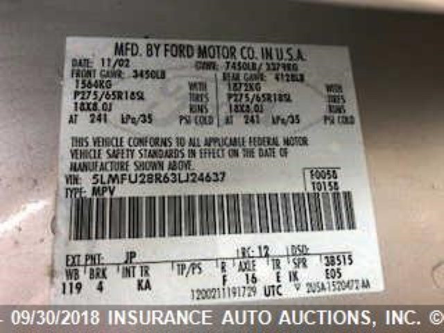 5LMFU28R63LJ24637 - 2003 LINCOLN NAVIGATOR Argent photo 9