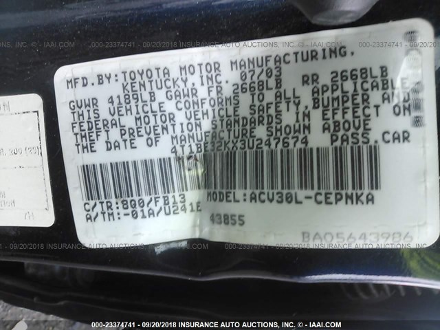 4T1BE32KX3U247674 - 2003 TOYOTA CAMRY LE/XLE/SE Көк фото 9