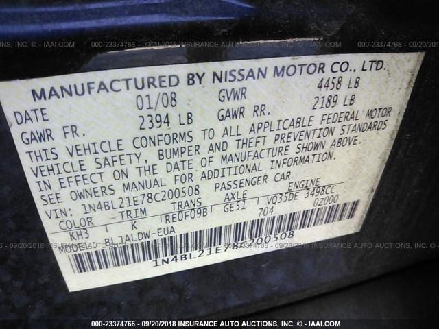 1N4BL21E78C200508 - 2008 NISSAN ALTIMA 3.5SE/3.5SL BLACK photo 9