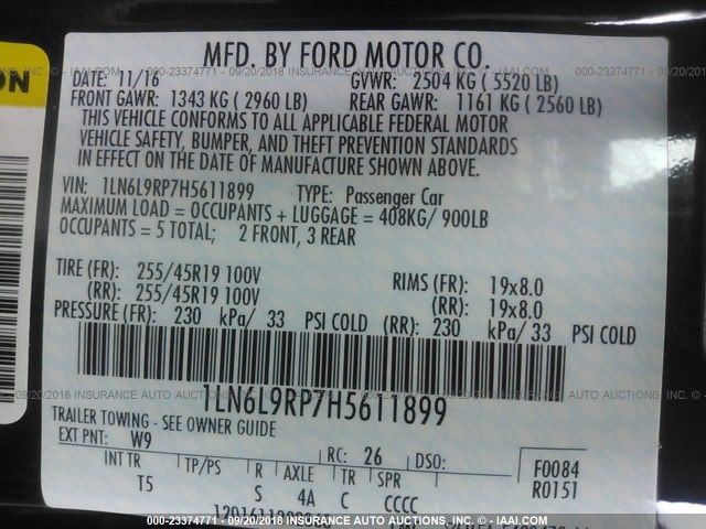 1LN6L9RP7H5611899 - 2017 LINCOLN CONTINENTAL RESERVE Қара фото 9