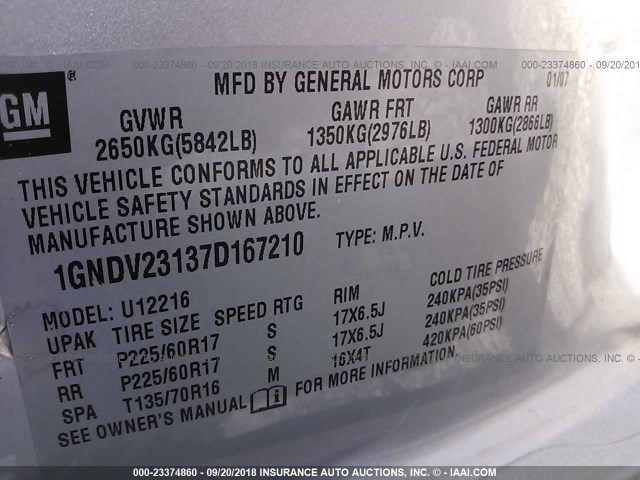 1GNDV23137D167210 - 2007 CHEVROLET UPLANDER LS SILVER photo 9