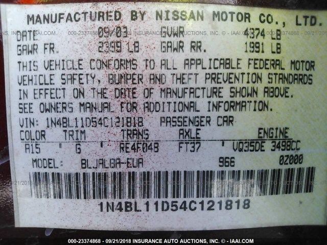 1N4BL11D54C121818 - 2004 NISSAN ALTIMA SE MAROON photo 9