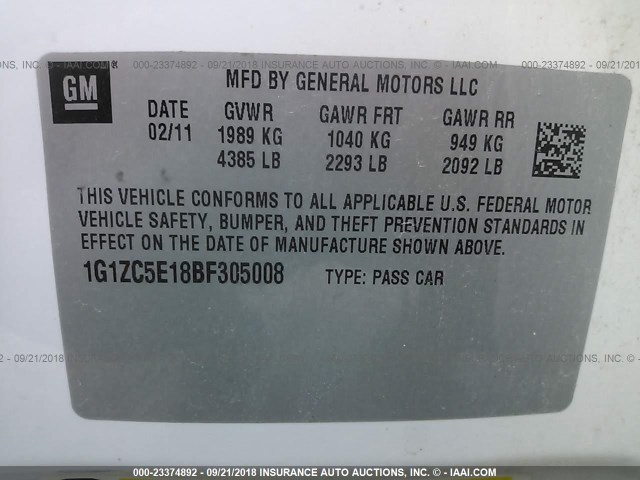 1G1ZC5E18BF305008 - 2011 CHEVROLET MALIBU 1LT WHITE photo 9