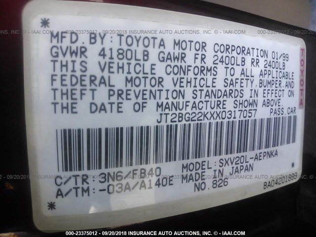 JT2BG22KXX0317057 - 1999 TOYOTA CAMRY LE/XLE BURGUNDY photo 9