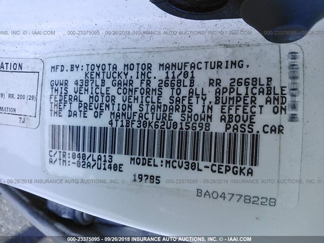 4T1BF30K62U015698 - 2002 TOYOTA CAMRY LE/XLE/SE Ақ фото 9