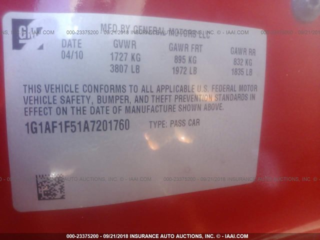 1G1AF1F51A7201760 - 2010 CHEVROLET COBALT 2LT RED photo 9