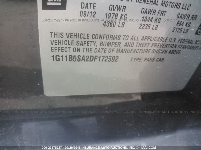 1G11B5SA2DF172592 - 2013 CHEVROLET MALIBU LS GRAY photo 9